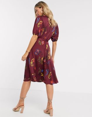 maroon floral wrap dress