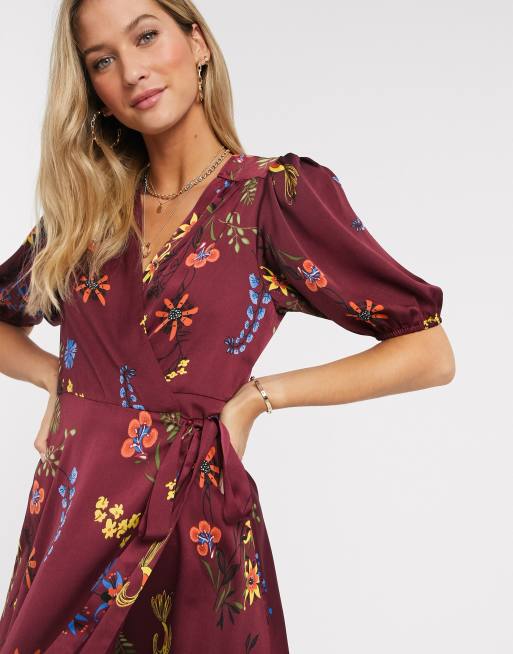 Burgundy floral hot sale wrap dress