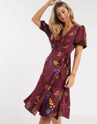 burgundy floral midi dress