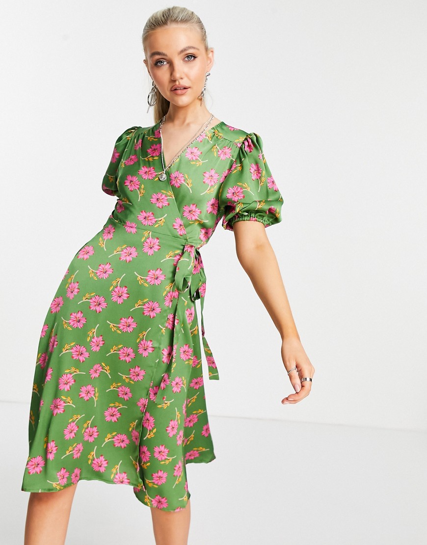 Liquorish wrap midi dress in green floral print