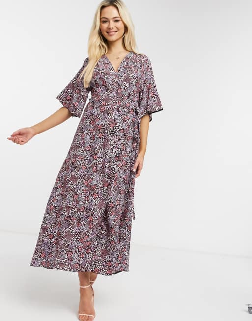 Liquorish wrap midi dress in pink floral print