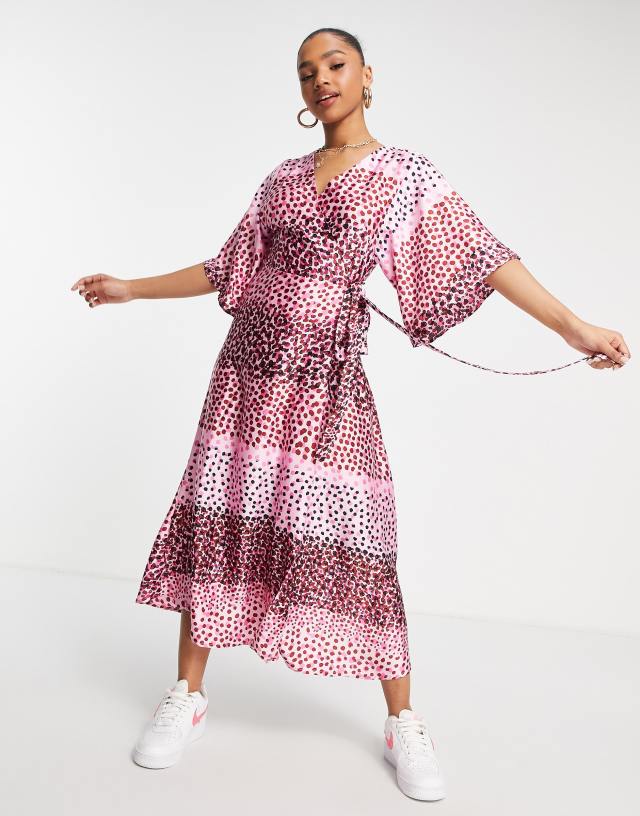 Liquorish wrap midi dress in pink spot print