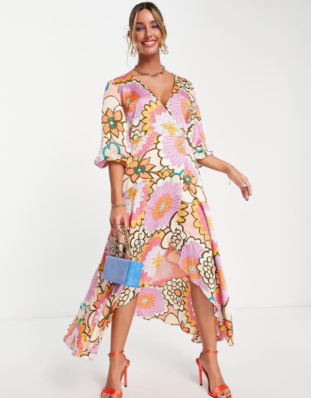 Liquorish wrap midi dress with puff sleeve in 70s tile floral