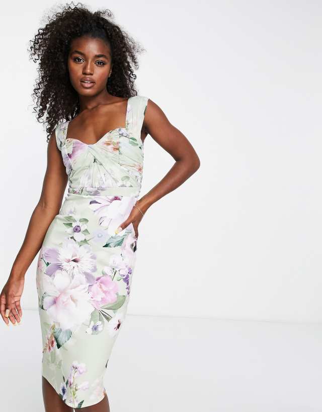 Lispy ruched mesh midi dress in floral print