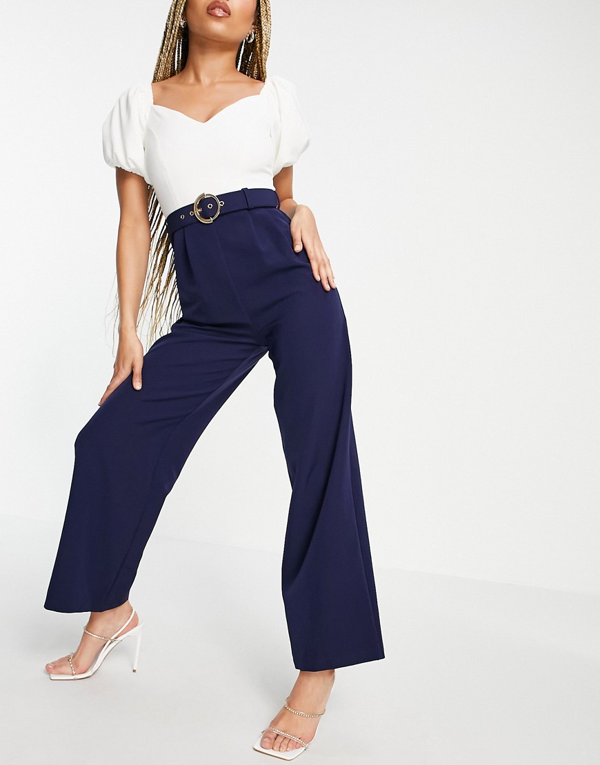 Little Mistress 2-in-1 contrast puff sleeve belted jumpsuit in navy