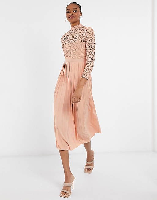 Little Mistress 2-in-1 crochet lace dress with pleated skirt in dusty pink