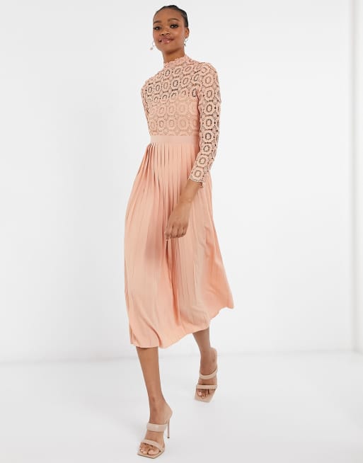 Little Mistress 2 in 1 crochet lace dress with pleated skirt in dusty pink