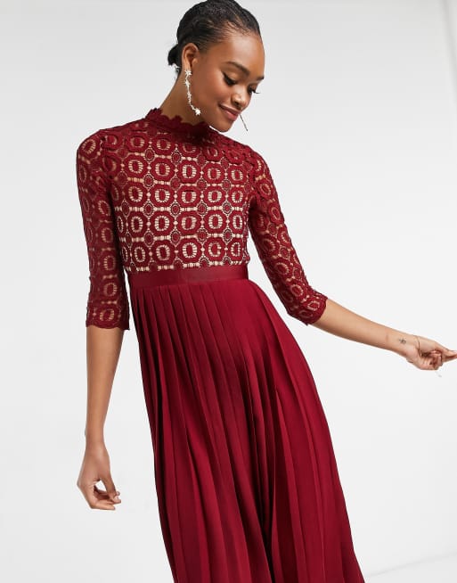 Little Mistress 2 in 1 crochet lace dress with pleated skirt in oxblood