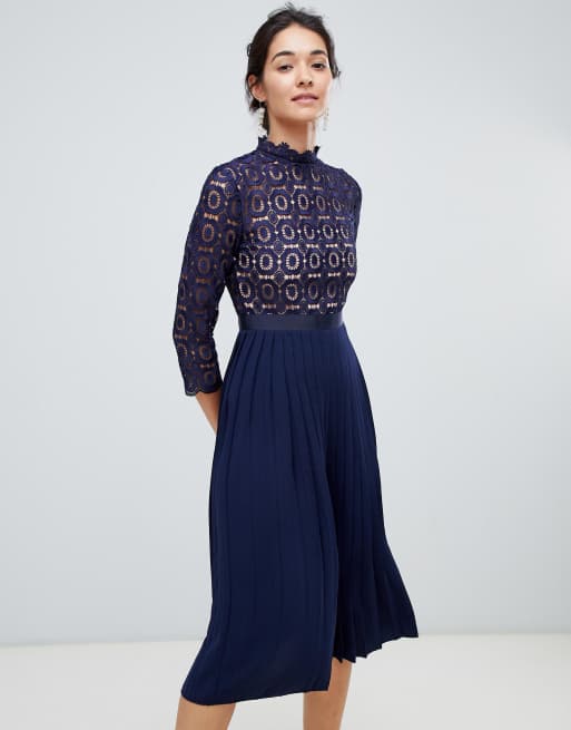 Little Mistress 3/4 Sleeve Lace Top Pleated Midi Dress | ASOS