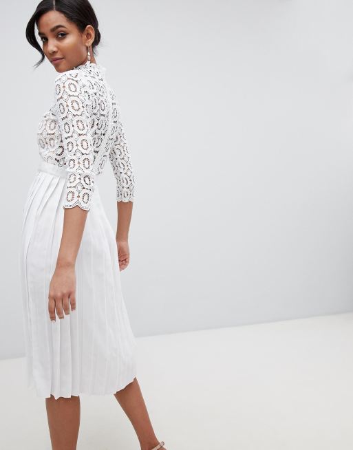 Little Mistress 3 4 Sleeve Lace Top Pleated Midi Dress