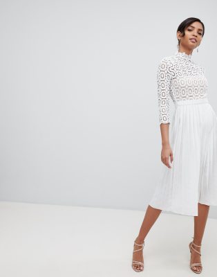 white lace top pleated midi dress