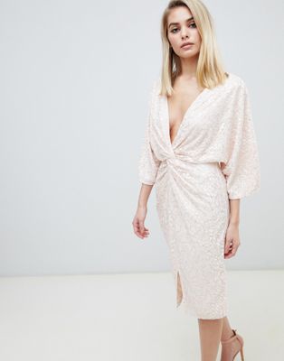 Little Mistress allover sequin knot front midi dress in rose gold | ASOS