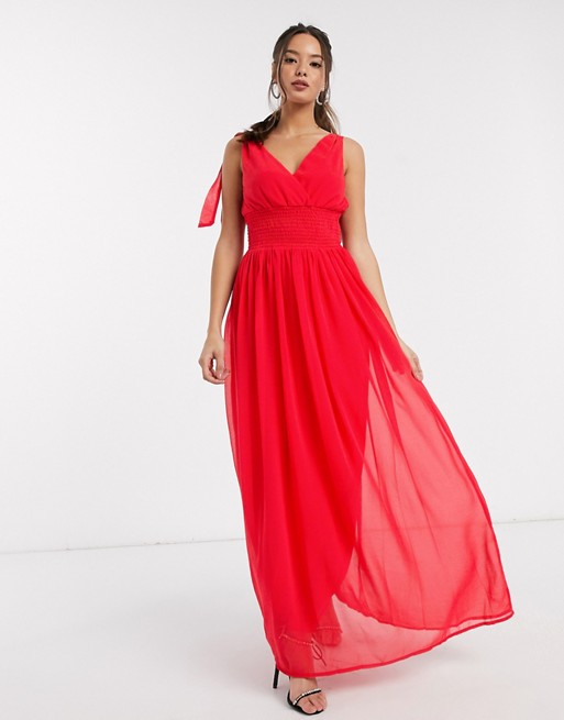 Little Mistress Aries plunge front maxi dress in fiery coral