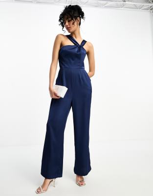 Little Mistress Asymmetrical Satin Jumpsuit In Navy Blue