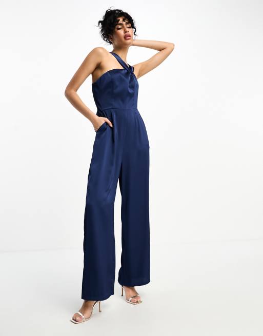 Divine Dream Navy Blue Satin One-Shoulder Culotte Jumpsuit