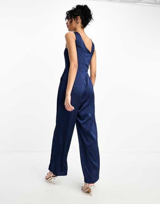 Little Mistress asymmetrical satin jumpsuit in navy blue