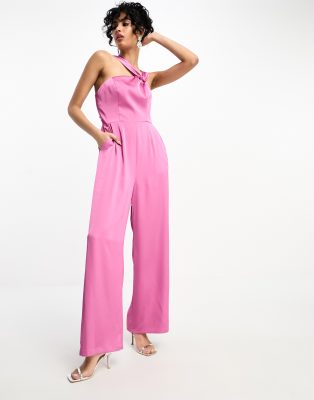 Little Mistress asymmetrical wide leg jumpsuit in pink 129159224