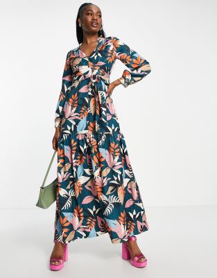 balloon sleeve maxi tea dress in botanical print-Multi