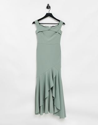Little Mistress Little Mistress bardot fishtail bridesmaid dress in sage green