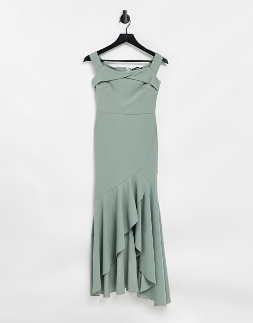 Little Mistress bardot fishtail bridesmaid dress in sage green ASOS