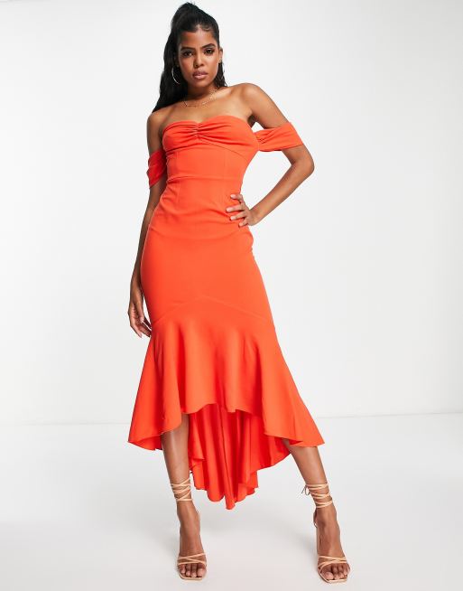 Little Mistress bardot fishtail maxi prom dress in red ASOS