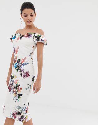 Little Mistress bardot floral pencil dress-Multi