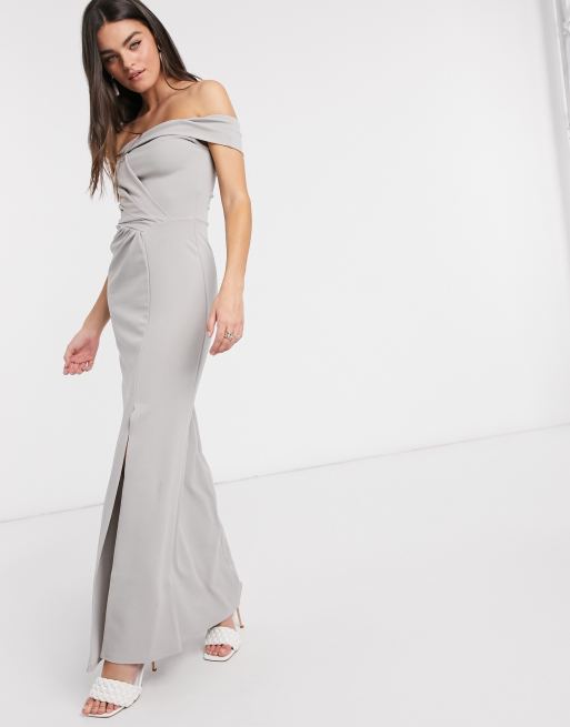 Little Mistress bardot gathered front bridesmaid dress with front split in light grey ASOS