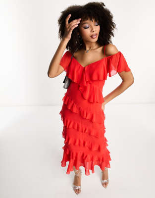 Little Mistress Little Mistress bardot midaxi dress with frill detail in red