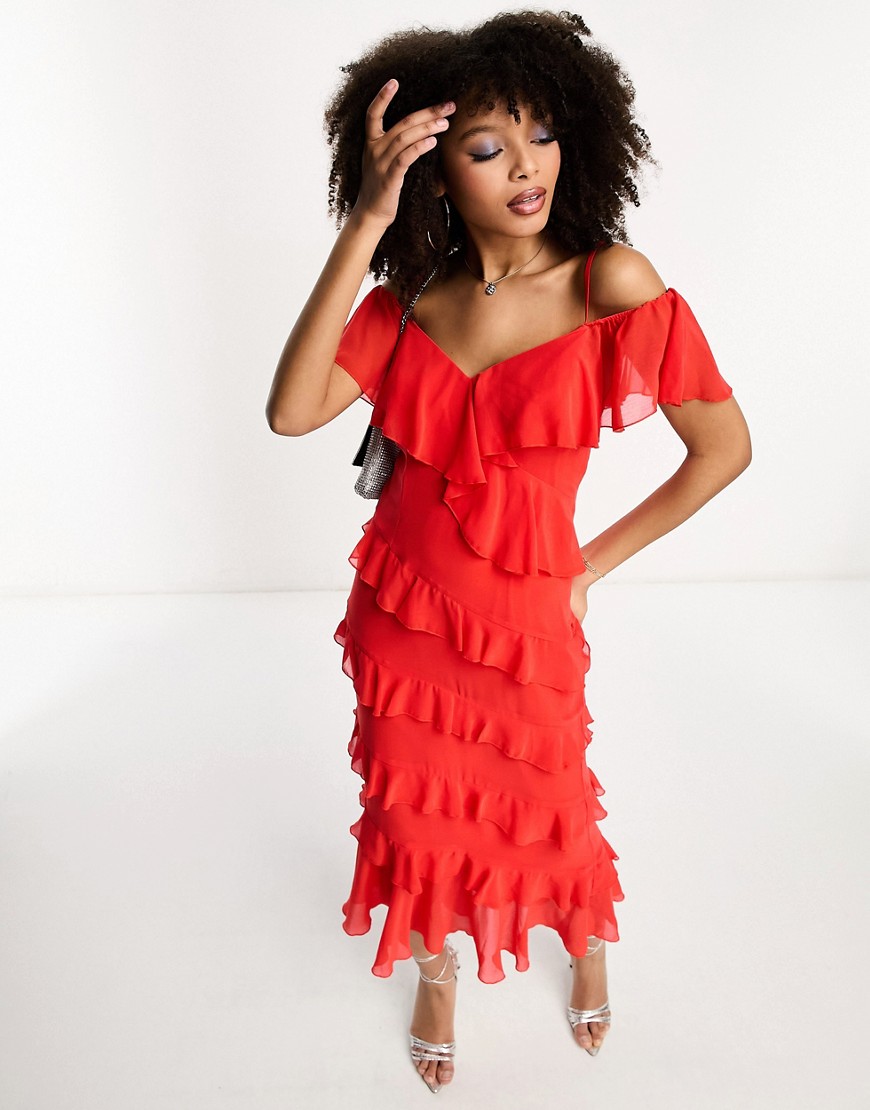Little Mistress bardot midaxi dress with frill detail in red