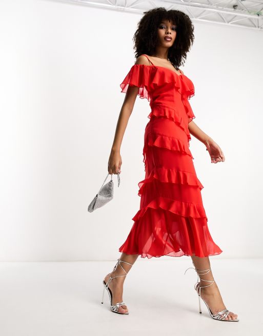 Little Mistress bardot midaxi dress with frill detail in red