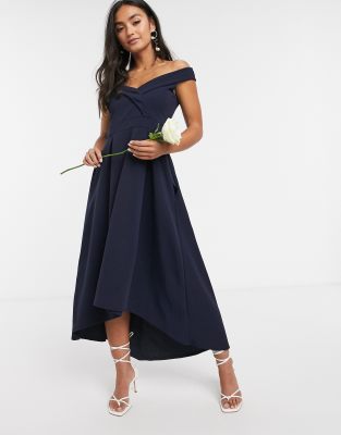 navy bardot bridesmaid dress