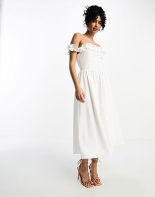 Little Mistress bardot midi dress with full skirt in white - ASOS Price Checker