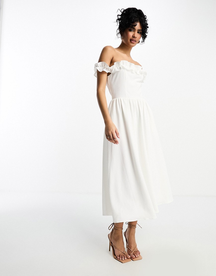 bardot midi dress with full skirt in white
