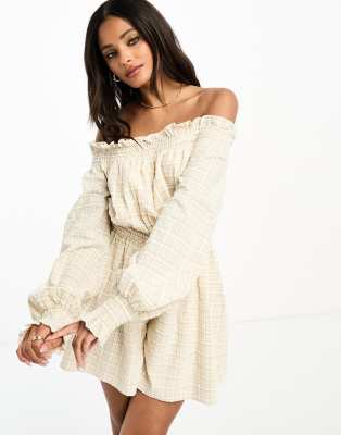 Little Mistress Bardot Romper In Neutral Check-multi