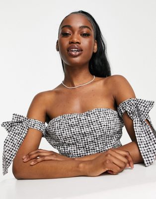 Little Mistress bardot top in embroidered gingham co-ord