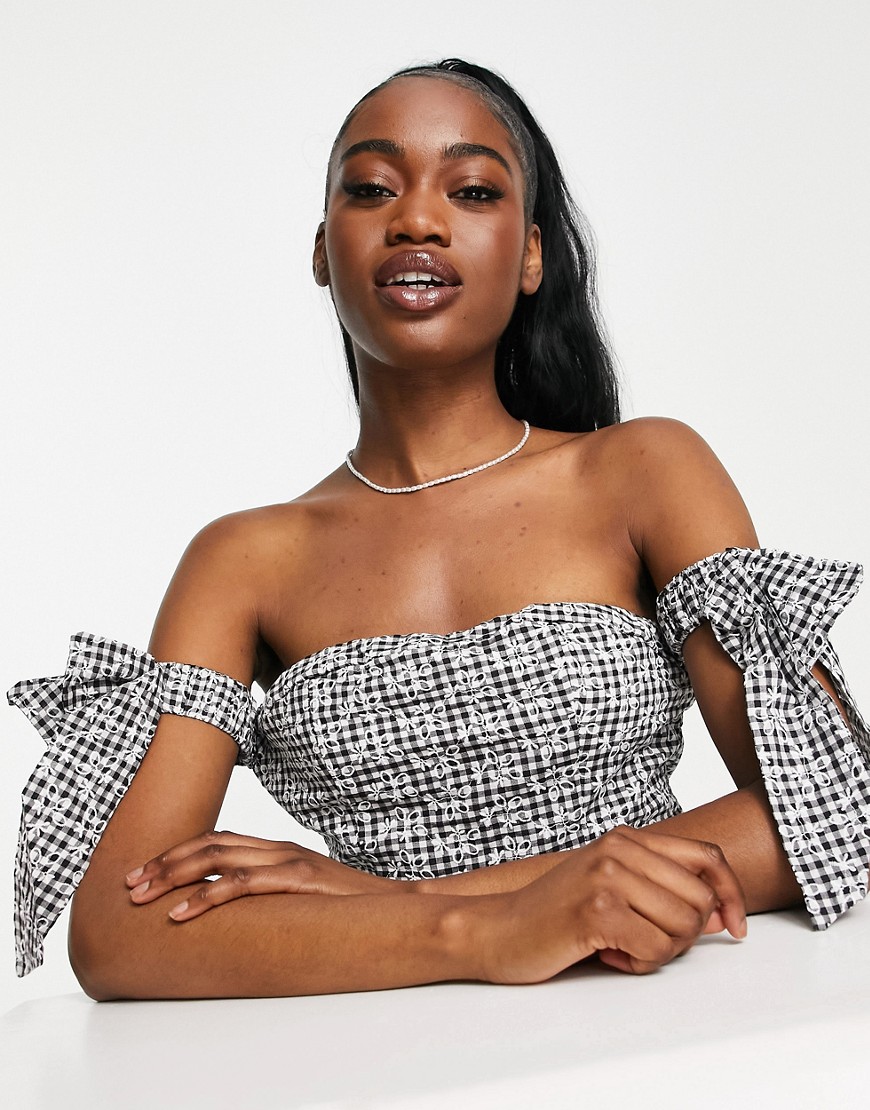 Bardot top in embroidered gingham - part of a set-Multi