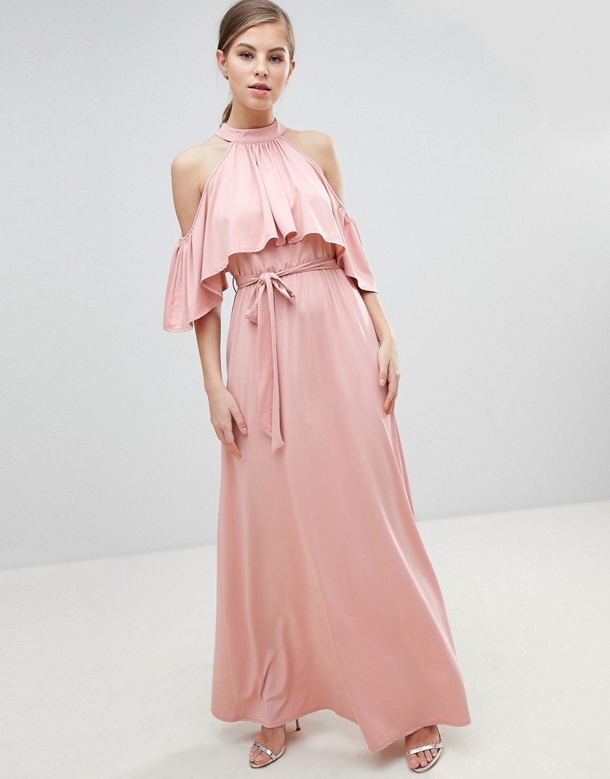 Little Mistress Belted Maxi Dress With Frill Overlay-Pink