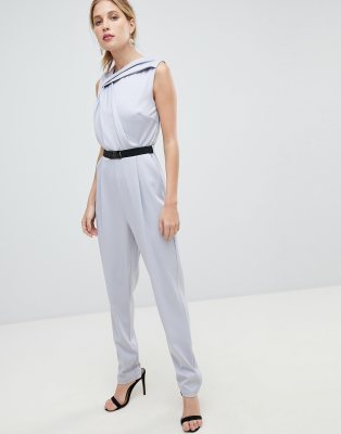 Little Mistress Belted Tailored Jumpsuit-Grey