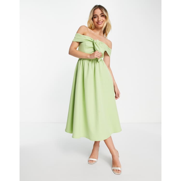 Little Mistress bow front off shoulder dress in pale green ASOS