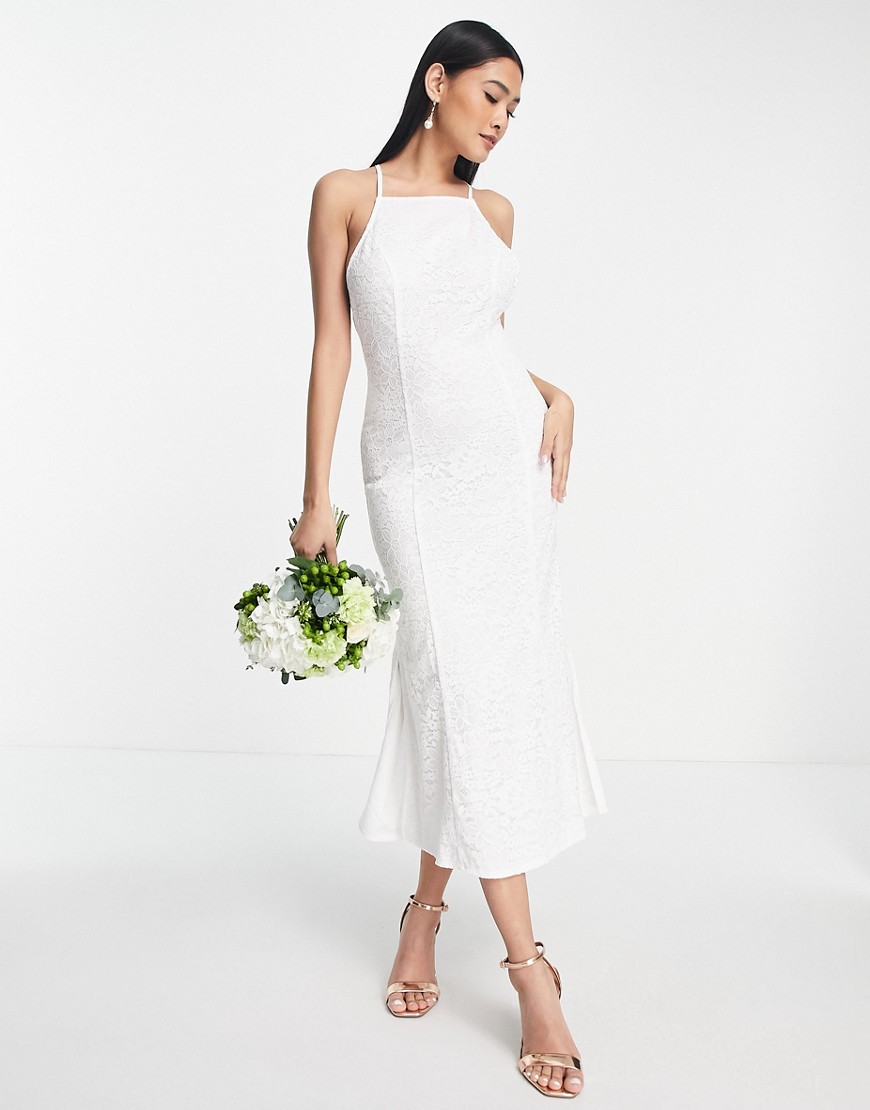 Little Mistress Bridal lace maxi dress with low back in ivory-White