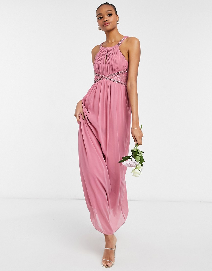 Little Mistress Bridesmaid chiffon maxi dress with embellishment and lace detail in dusky pink