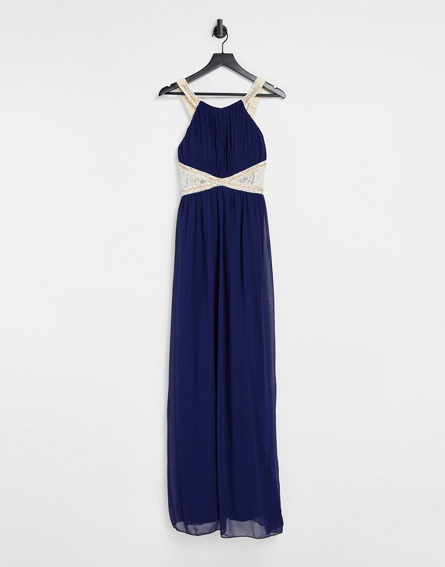 Little Mistress Bridesmaid chiffon maxi dress with embellishment and lace detail in navy