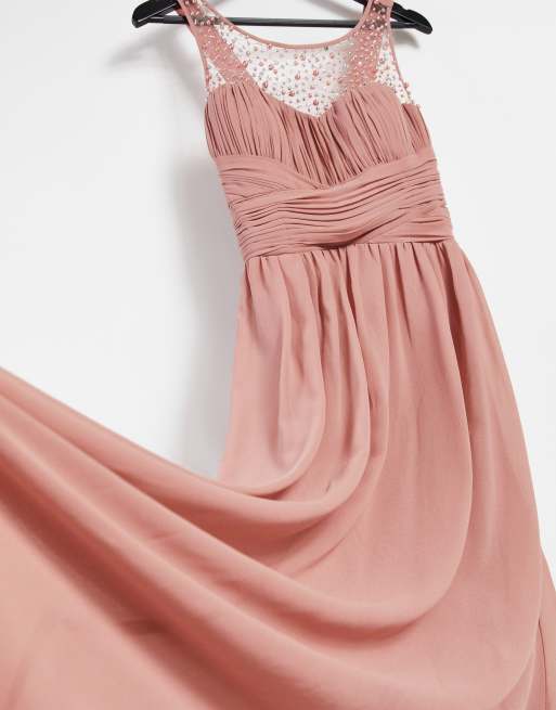 Little Mistress Bridesmaid chiffon maxi dress with pearl embellishment in apricot