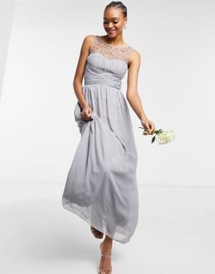 Little Mistress Bridesmaid Chiffon Maxi Dress With Pearl Embellishment In Gray grey ModeSens