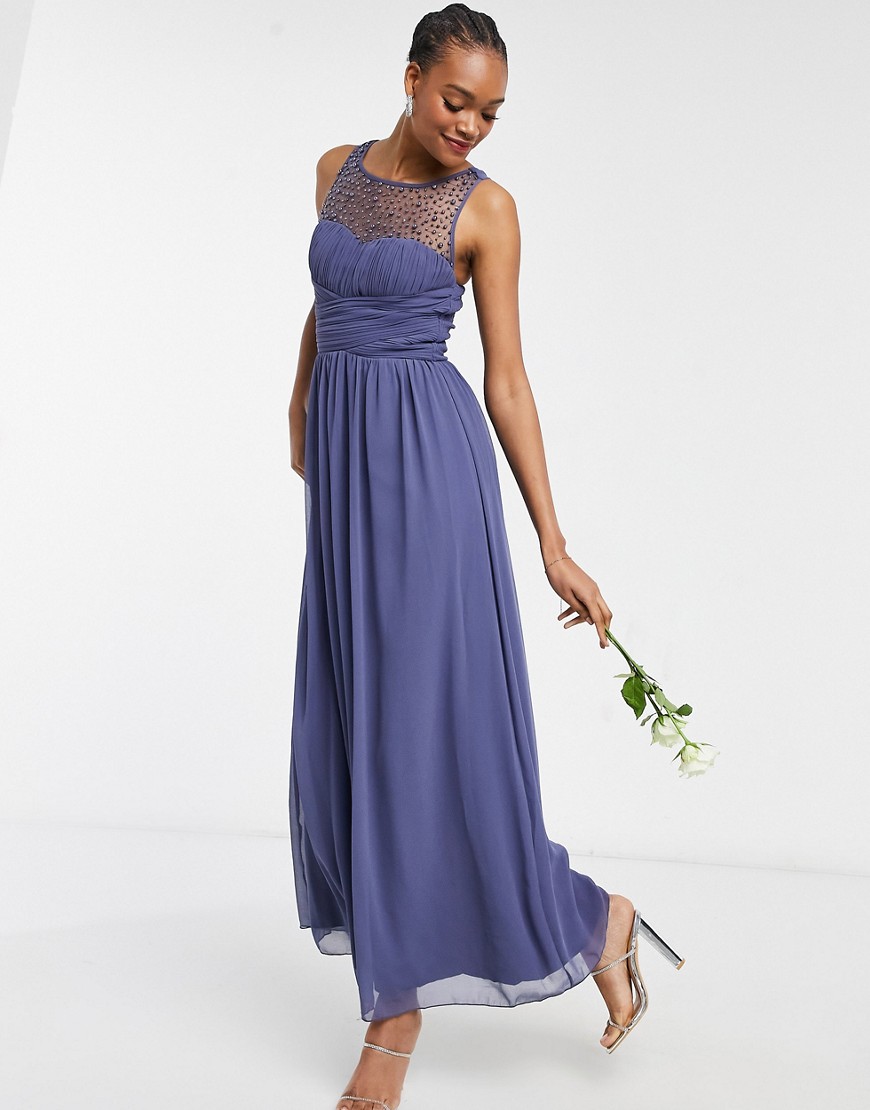 Little Mistress Bridesmaid chiffon maxi dress with pearl embellishment in lavender gray-Grey