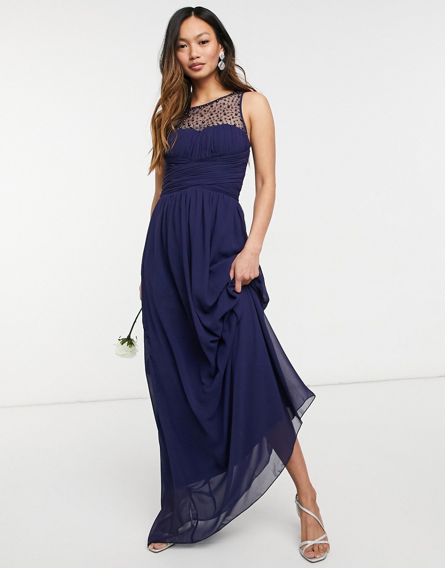 Little Mistress Bridesmaid chiffon maxi dress with pearl embellishment in navy