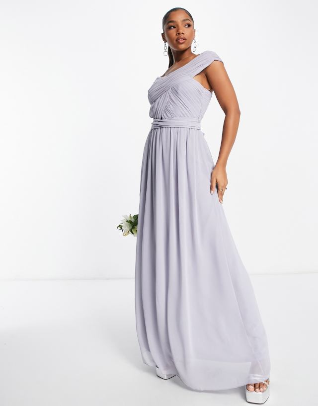 Little Mistress Bridesmaid cross front maxi dress in gray blue