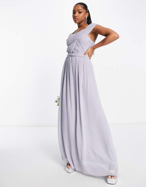 Little Mistress Bridesmaid cross front maxi dress in gray blue