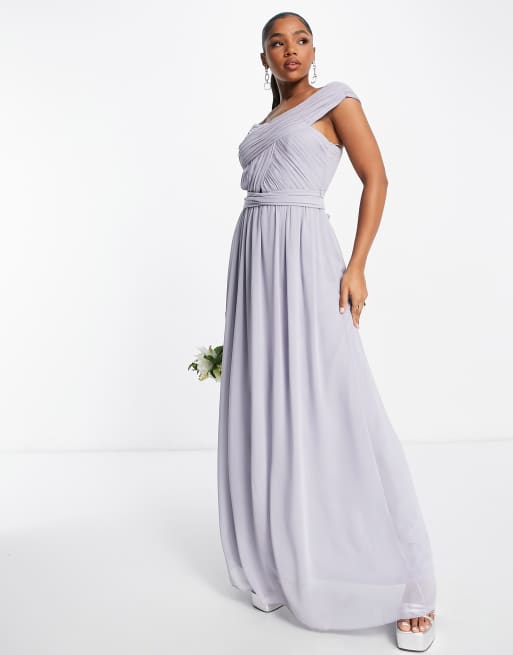 Little Mistress Bridesmaid cross front maxi dress in grey blue