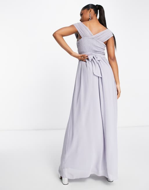 Little Mistress Bridesmaid cross front maxi dress in grey blue | ASOS